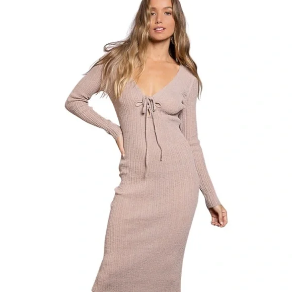 POL | Dresses | Pol New Dresses Taupe Rib Knit Sweater Midi Dress Low Cut  Sml | Poshmark